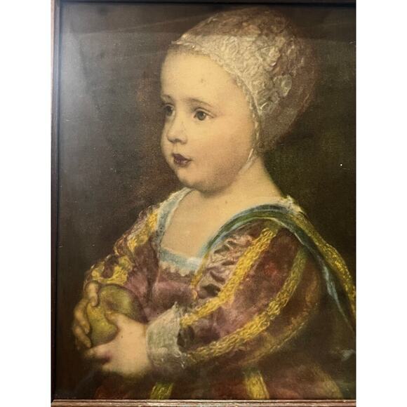 Antique baby stuart print. Anthony Van Dyck Campbell? Child holding apple 8x10 - Picture 1 of 5